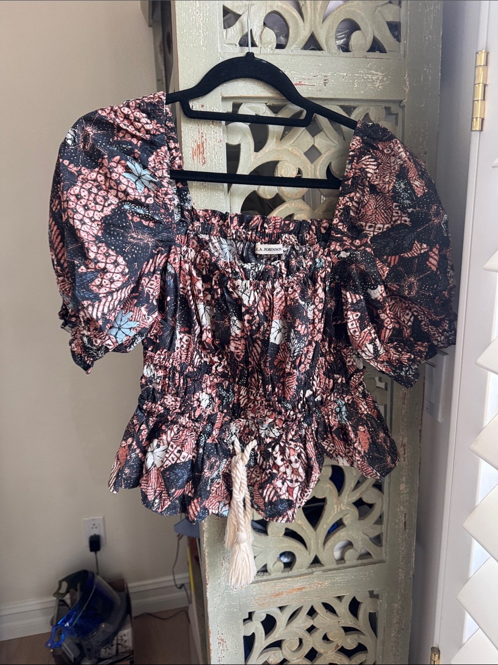 Ulla Johnson Black and Pink Smocked Puff-Sleeve Peasant Top